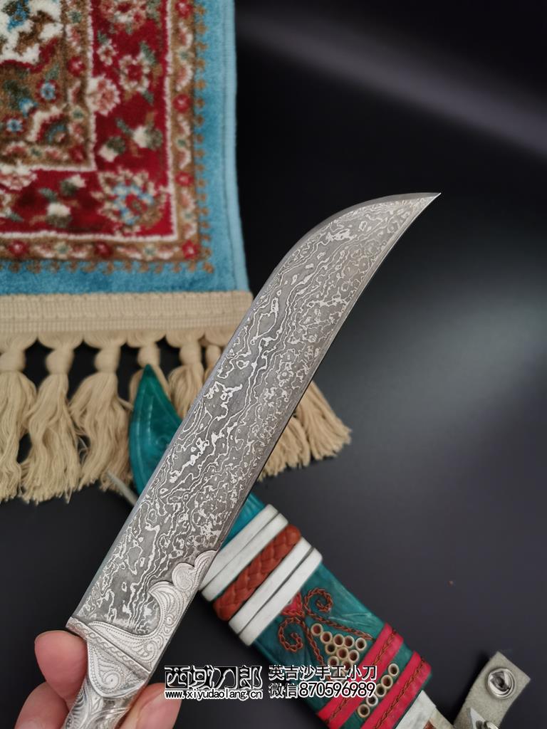 弯刀,大师傅阿布都吾普制作,全长25cm,选用进口大马士革三枚花纹钢刀
