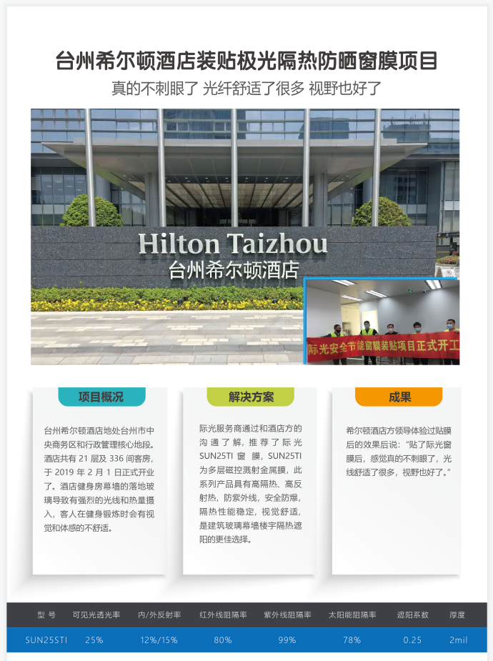 台州希尔顿酒店装贴极光隔热防晒窗膜项目
